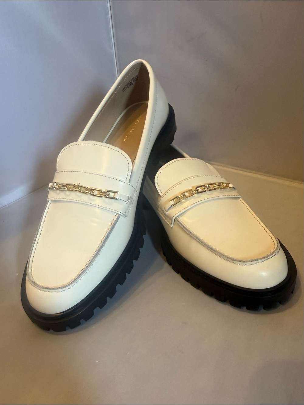 Ann Taylor White Leather Chain-Trim Lug Sole Loafers